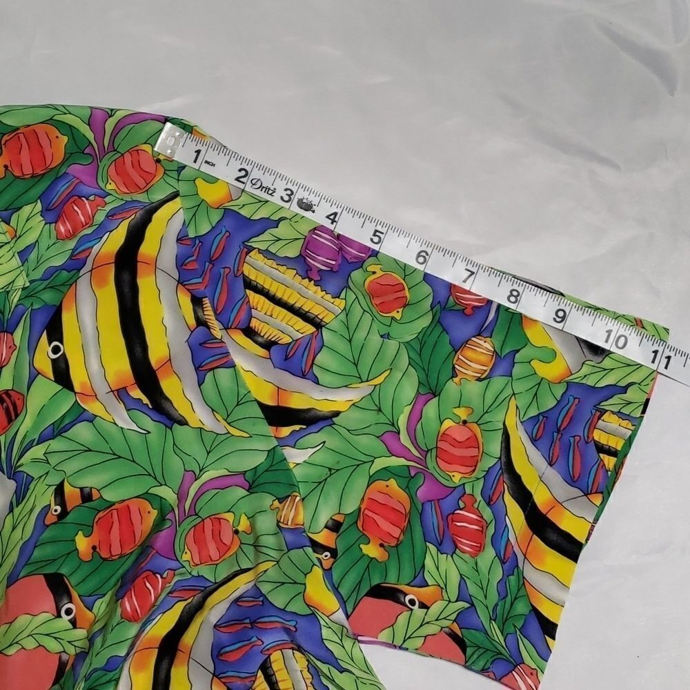 Vintage 90s Ann May 100% Silk Blouse Bright Vibrant Colors Tropical Fish Women L - Picture 9 of 10